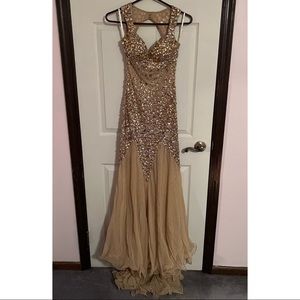 rose gold, gold, silver sequin gown. Jasz Couture from Jan’s Boutique, worn 1x